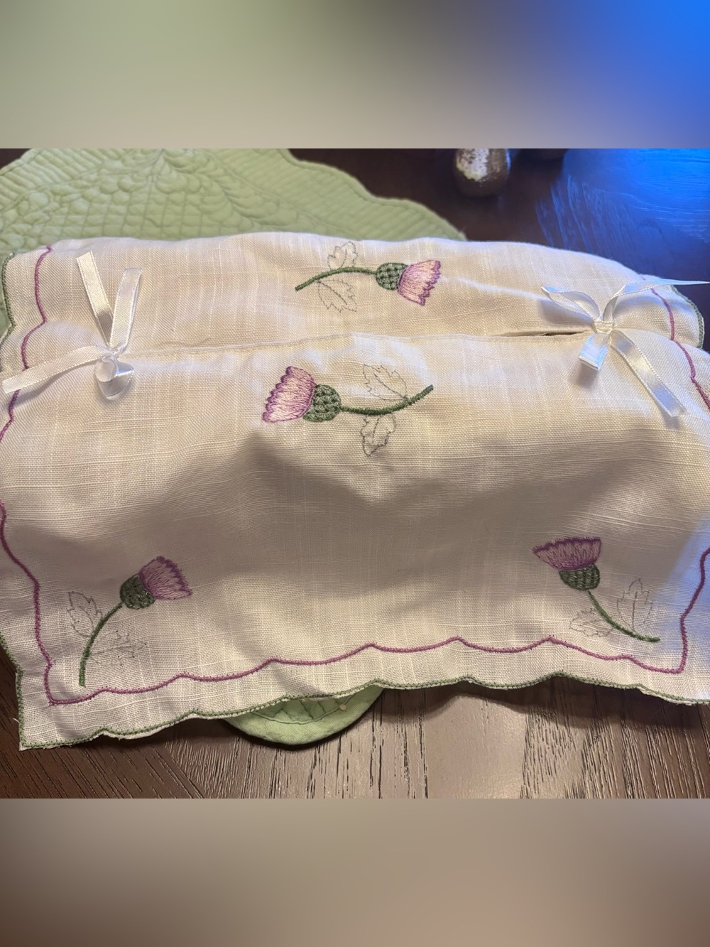 Embroidered Floral Tissue Box Cover in Cream and Lavender